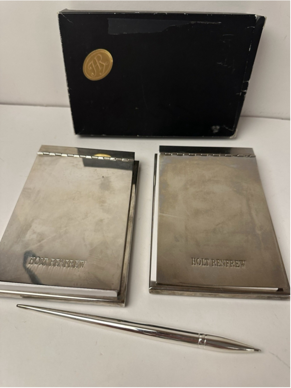 Vintage Holt Renfrew Silver Plated Pocket Notepad Holder Duo Pen Boxed Set